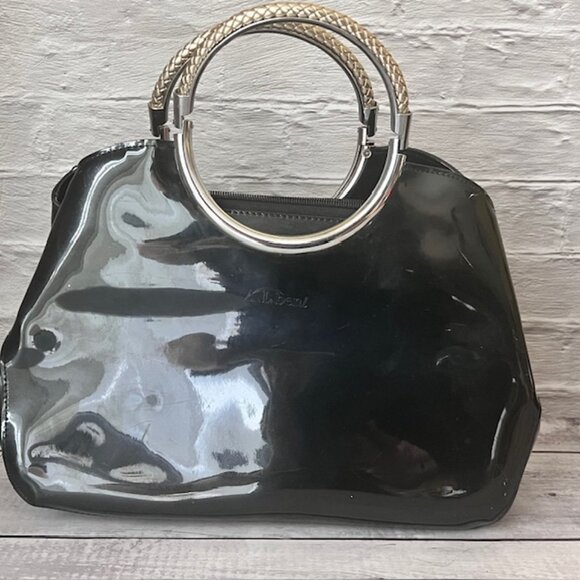 A.L.BENI- Black Patent Handbag with Braided Handles - Picture 6 of 9